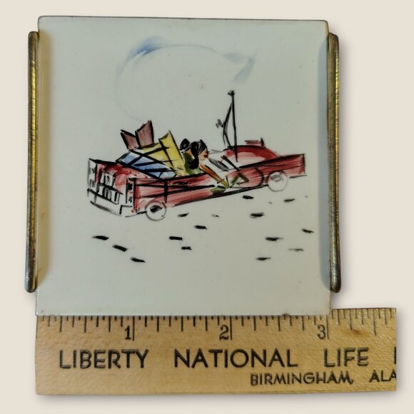 Vintage Miniature Hand Painted Ceramic Coasters Set Of 2 With Vintage Car Desig - Picture 6 of 11